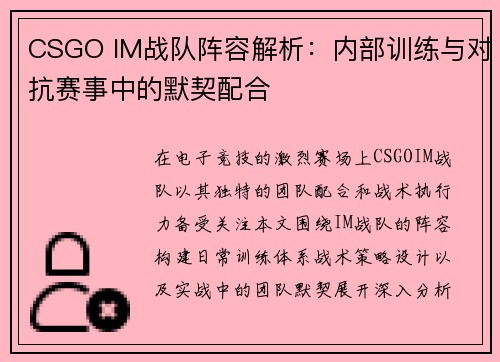 CSGO IM战队阵容解析：内部训练与对抗赛事中的默契配合